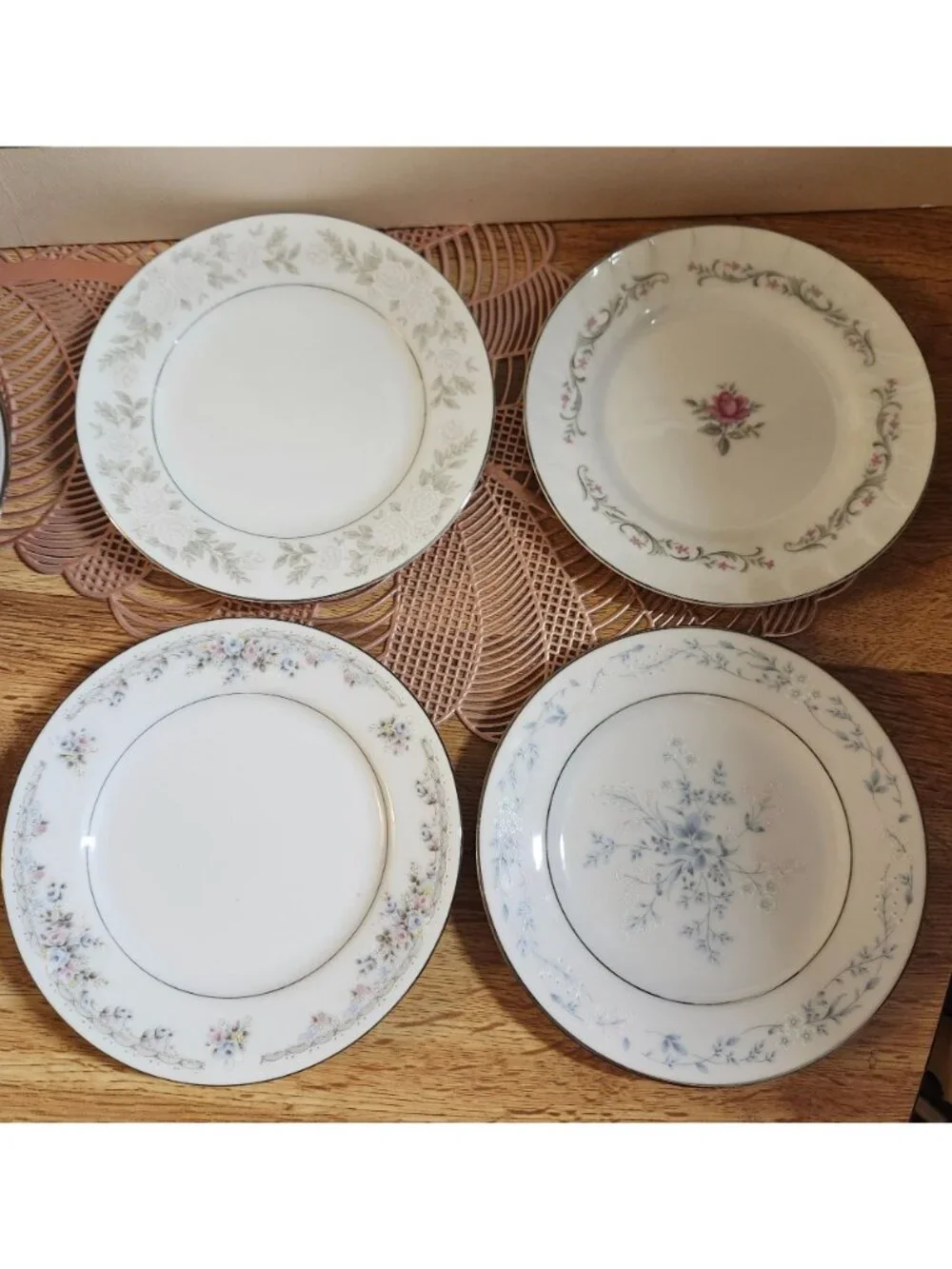 4- Mismatched Floral Silver Rim Fine China Dessert Cake Plates ~6.25